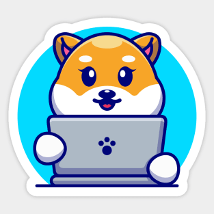 Cute shiba inu dog with laptop cartoon design Sticker